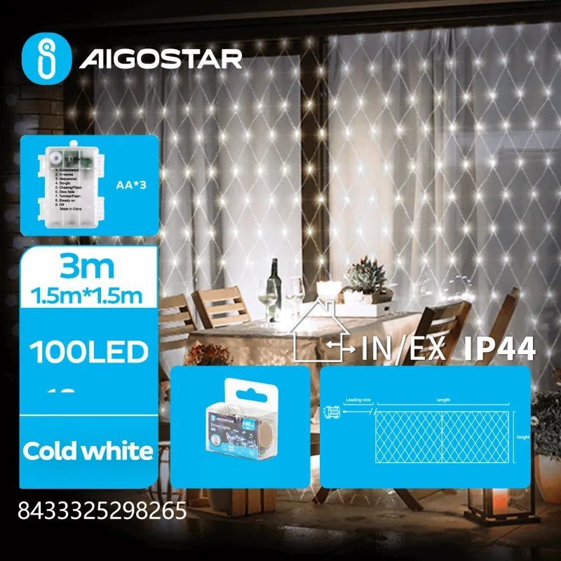 Lampki choinkowe Aigostar Lampki choinkowe siatka 100led na 3 baterie AA, Zimna biel, 1,5 m x1,5 Lampki choinkowe siatka 100led na 3 baterie AA, Zimn