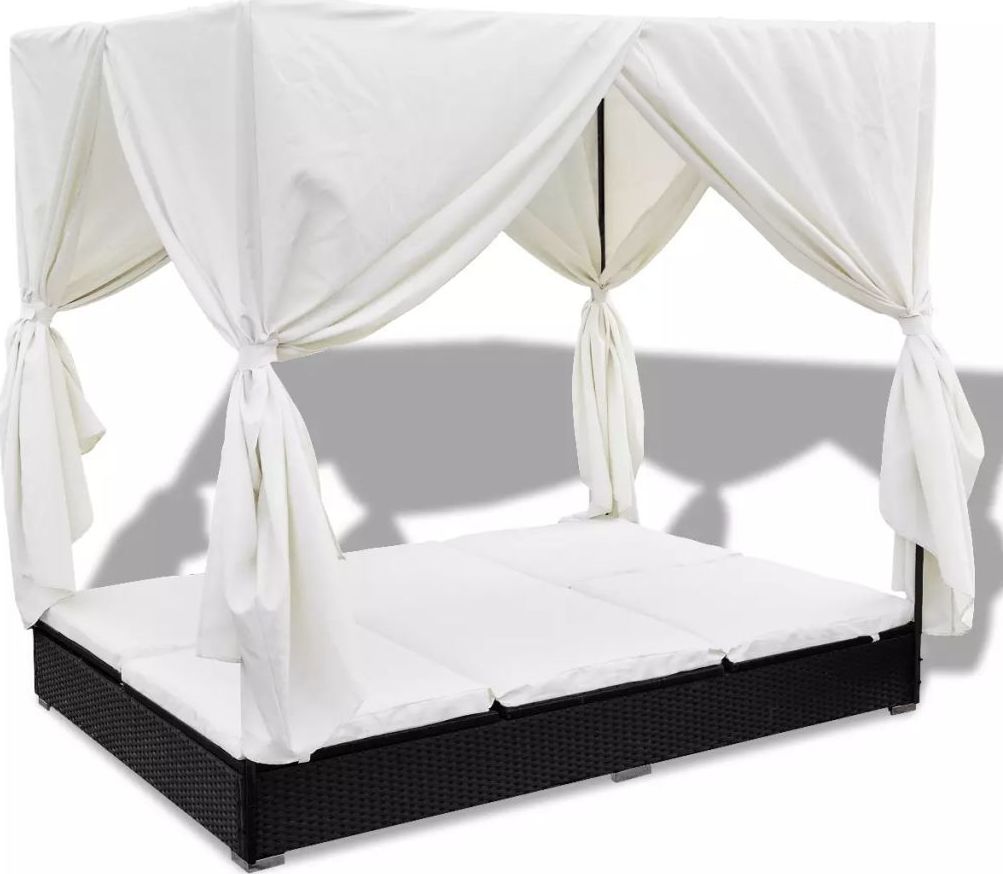 vidaXL leżak ogrodowy z baldachimem, polirattan, czarny (42948)