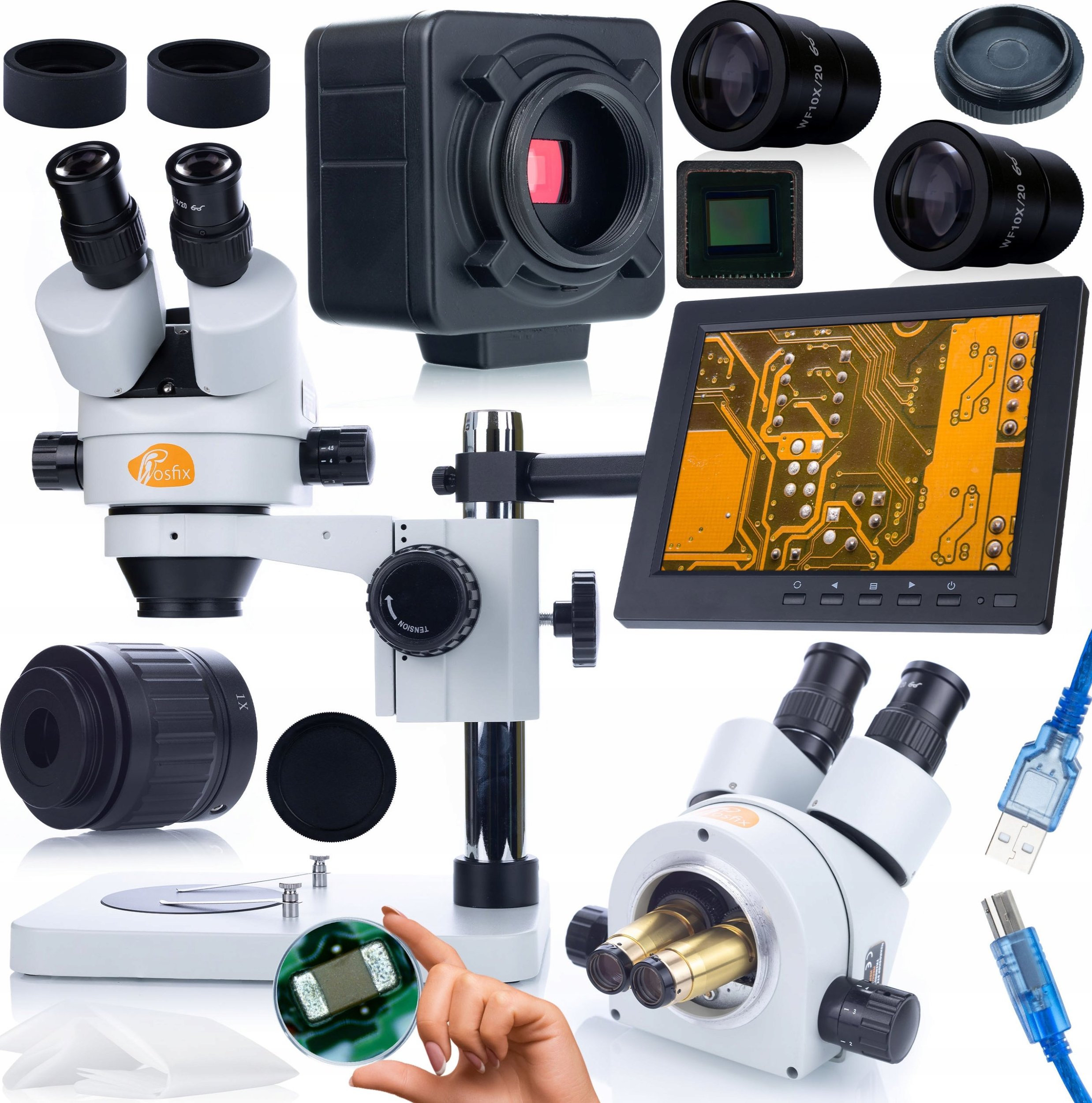 Mikroskop Rosfix ZESTAW MIKROSKOP TRINOKULAROWY MERCURY KAMERA 5MPIX UCHWYT WYŚWIETLACZ 8