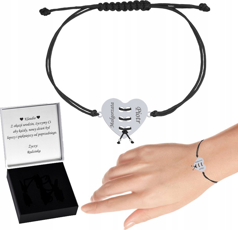 Radziszewska Jewellery Bransoletka Srebrna z Sercem Sznurek 925 Prezent Biżuteria GRAWER GRATIS