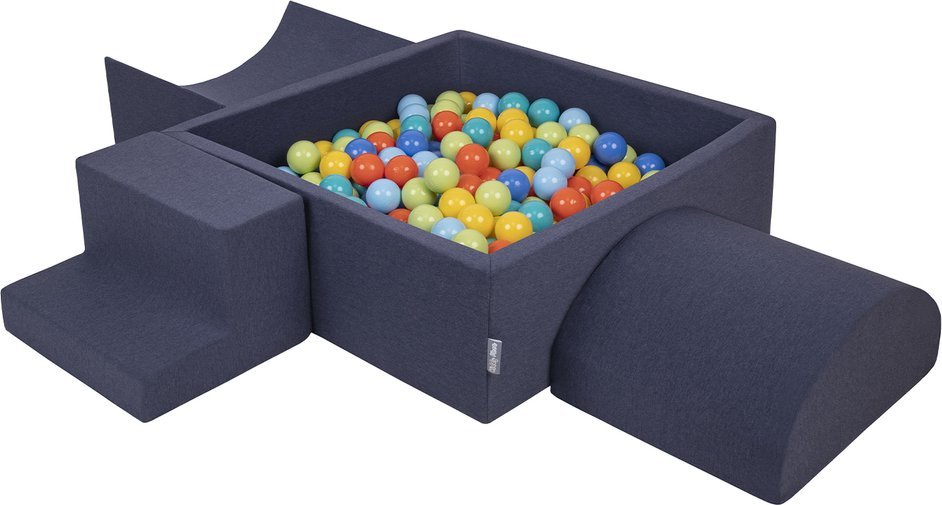 KiddyMoon Piankowy plac zabaw PPZP-KW30D-134 z piłeczkami granatowy: jasny zielony-pomarańcz-turkus-niebieski-babyblue-żółty basen 200/rampa L/półwałe