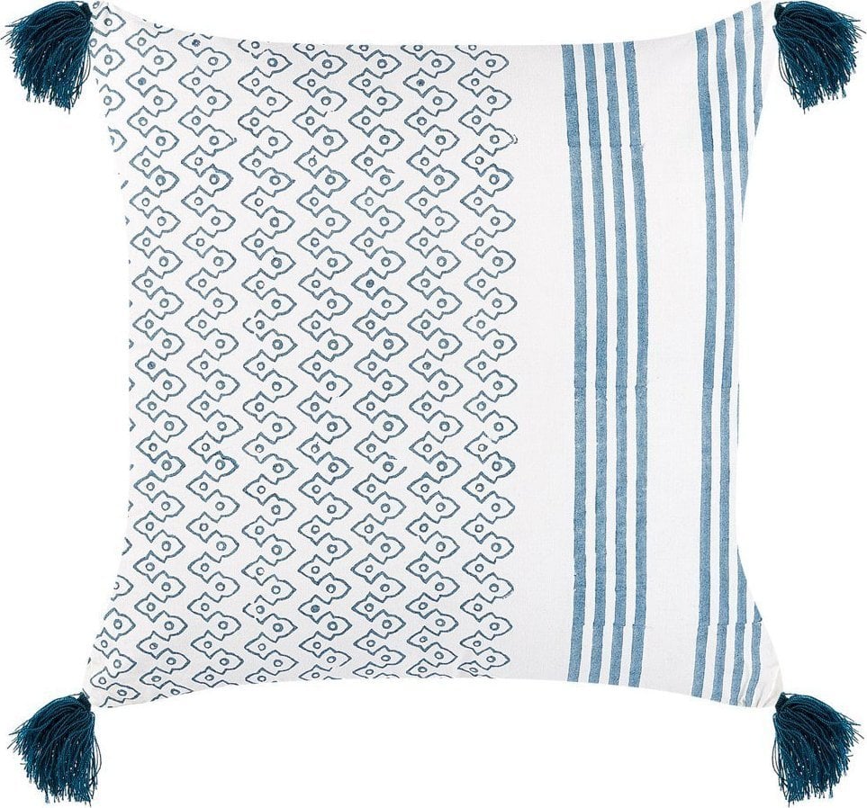 Beliani Bawełniana poduszka geometryczny wzór z frędzlami 45 x 45 cm biało-niebieska TILIA