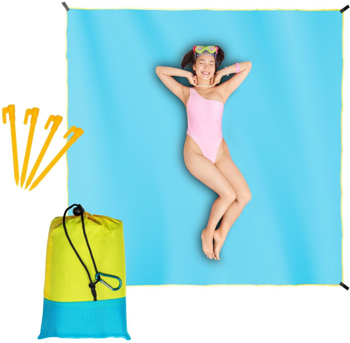 Wodoodporna mata plażowa koc piknikowy 210x200 cm niebieska z żółtą lamówką