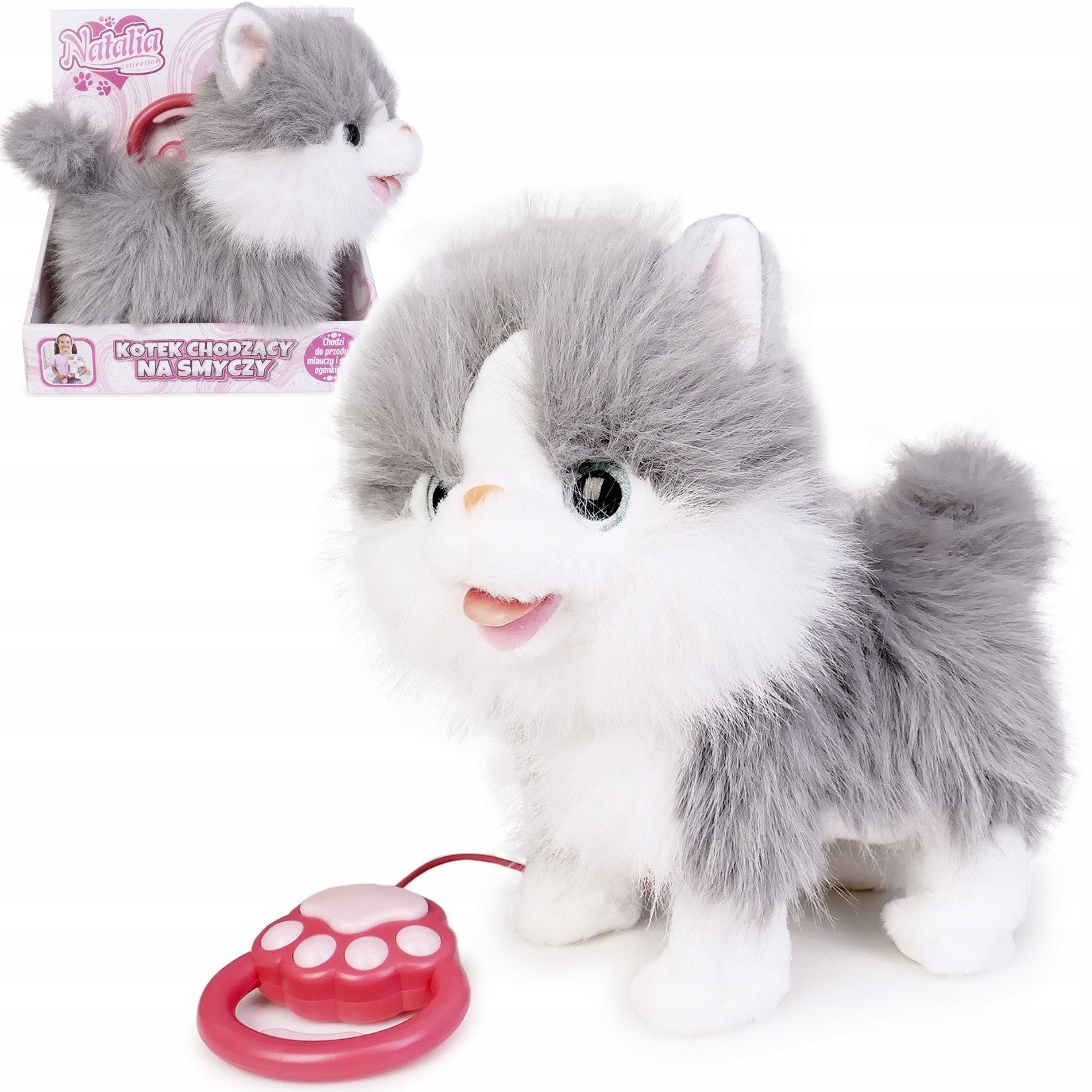 Maskotka interaktywna Kot chodzšcy na smyczy szaro-biały