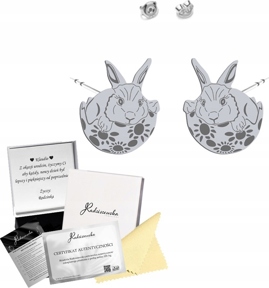 Radziszewska Jewellery Kolczyki Srebrne Zajączek Wielkanocny Sztyfty 925 Prezent ŻYCZENIA GRATIS