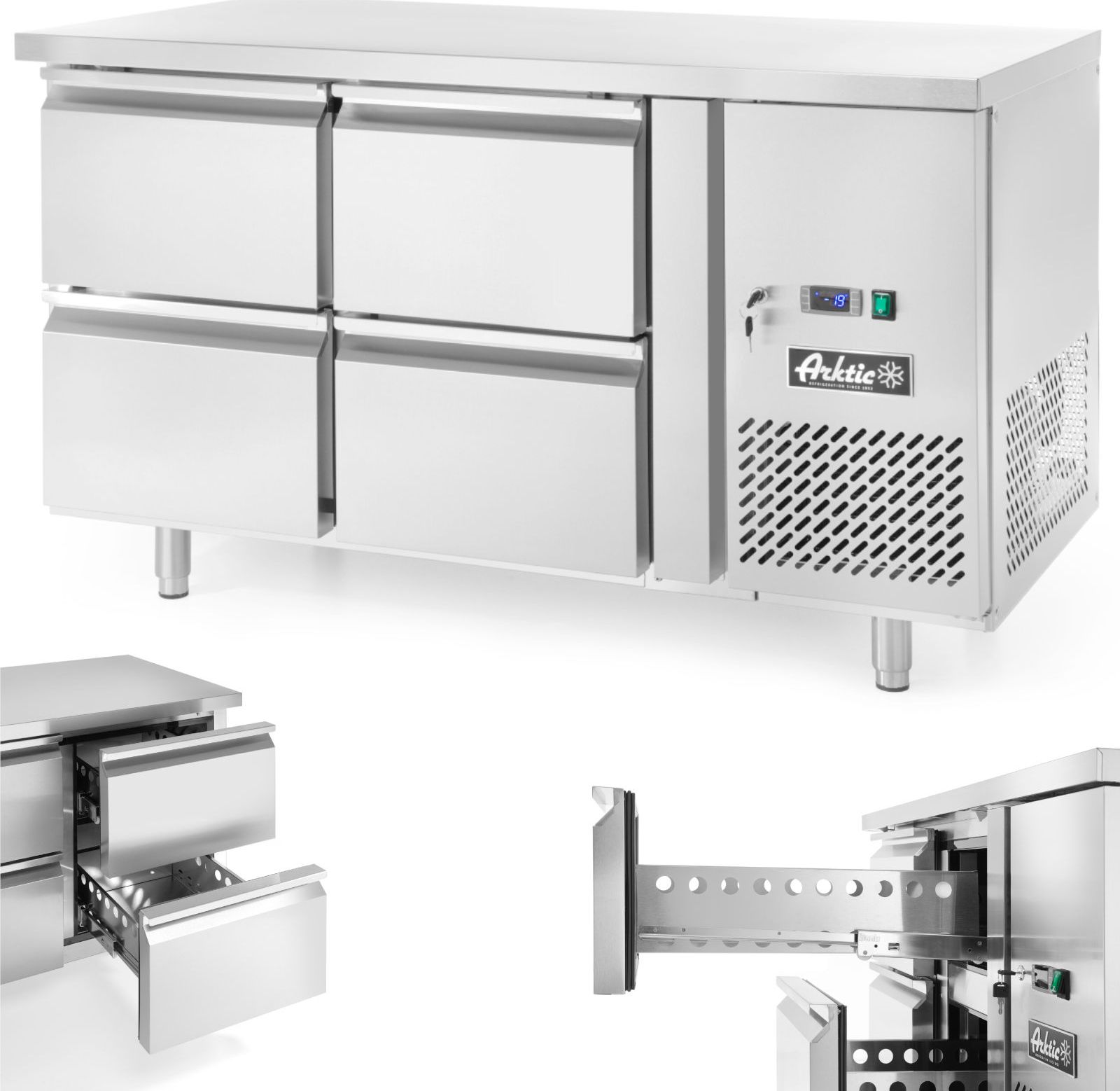 ARKTIC Stół chłodniczy z 4 szufladami i agregatem bocznym nierdzewny Profi Line 280 l - Hendi 233764 Stół chłodniczy z 4 szufladami i agregatem boczny