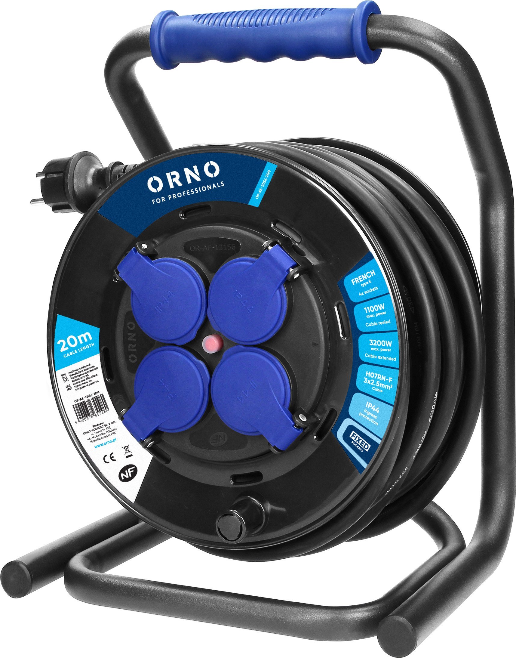 Orno Przedłużacz bębnowy profesjonalny IP44, 4 gniazda 2P+Z, kabel gumowy olejoodporny, H07RN-F 3x2,5mm?, długość 20m, unikatowy stojak CUBE, STAŁE GN
