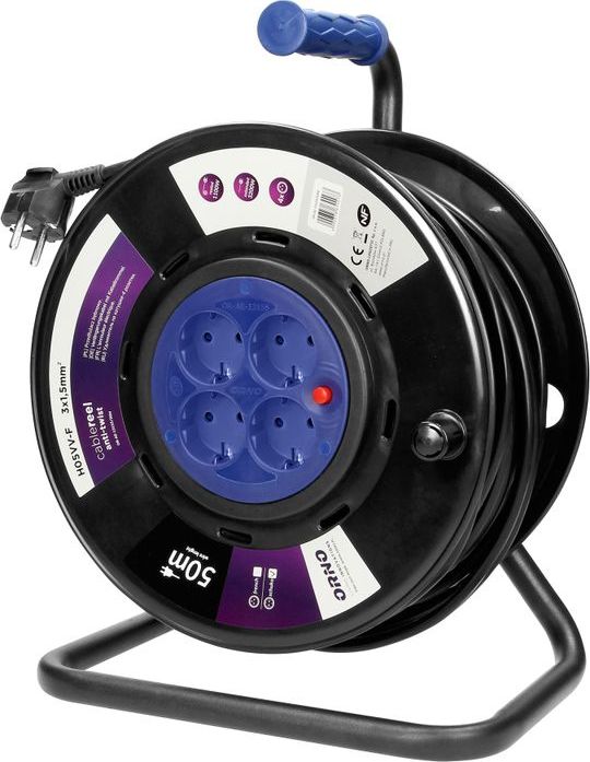 Orno Przedłużacz bębnowy, 4 gniazda 2P+Z (schuko), kabel PVC H05VV-F 3x1,5mm2, długość - 50m, STAŁE GNIAZDA OR-AE-13155(GS)/50M