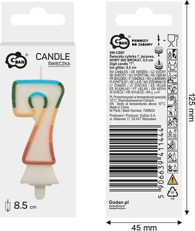 Świeczka cyfra 7 tęczowa 8,5cm