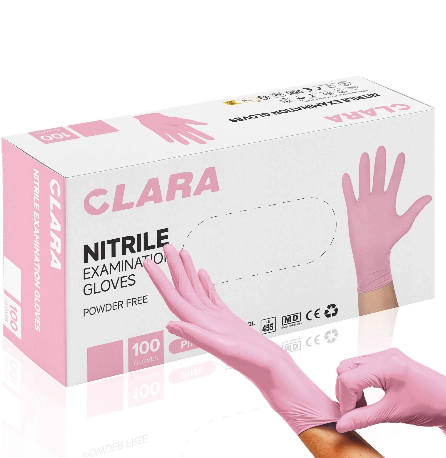 Rękawice nitrylowe bezpudrowe CLARA, 100 szt., rozmiar M, różowe