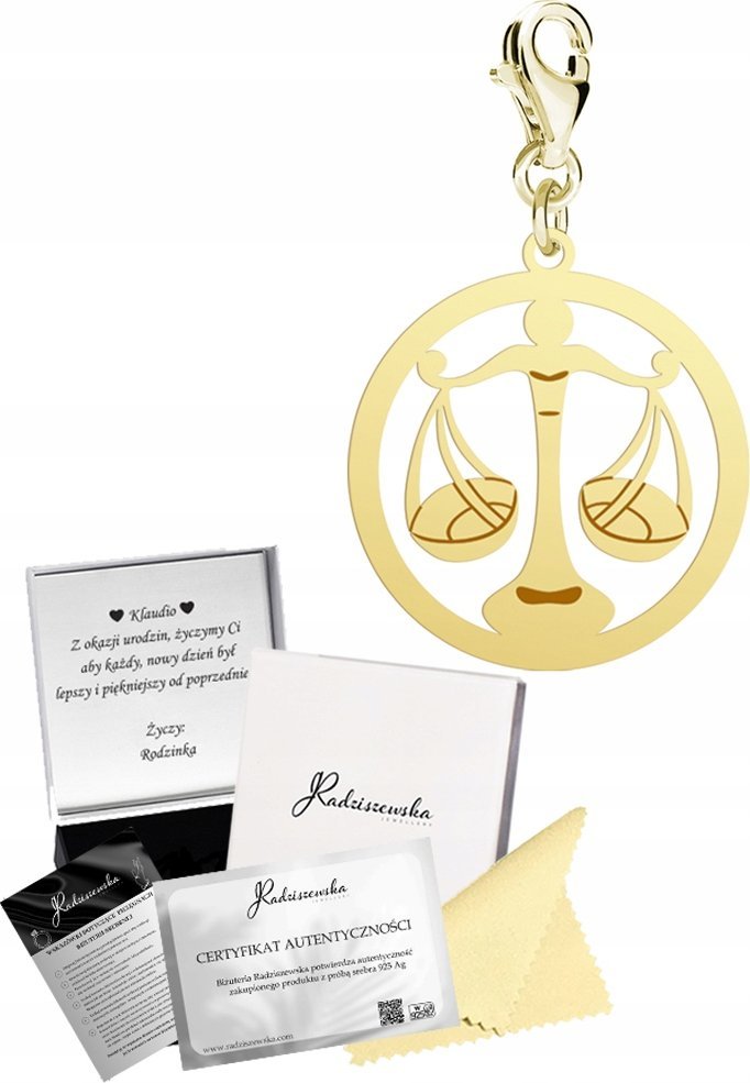 Radziszewska Jewellery Charms Złoty Zodiak Waga Znak Zodiaku 925 Prezent Kobieta DEDYKACJA