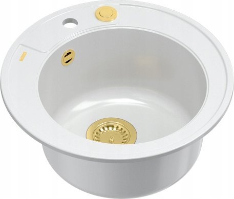 Zlewozmywak GraniteQ MORGAN 210 GraniteQ zlewozmywak snow white z syfonem Push To Open kol. złoty okrągły 1-komorowy b/o + zaczepy 3 szt