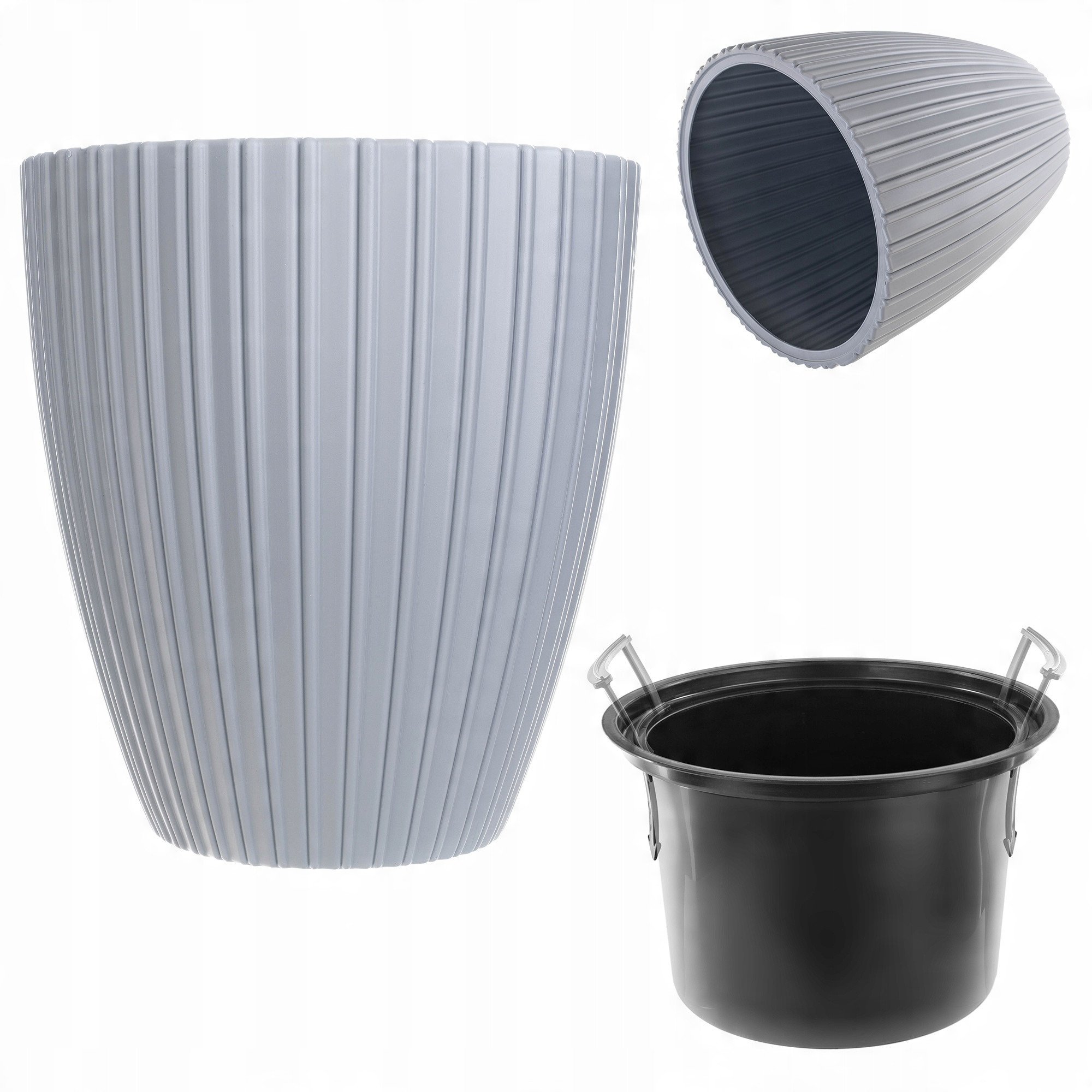 KADAX Doniczka Donica Na Kwiaty 30cm Osłonka Z Wkładem Kwietnik Plastikowa szara