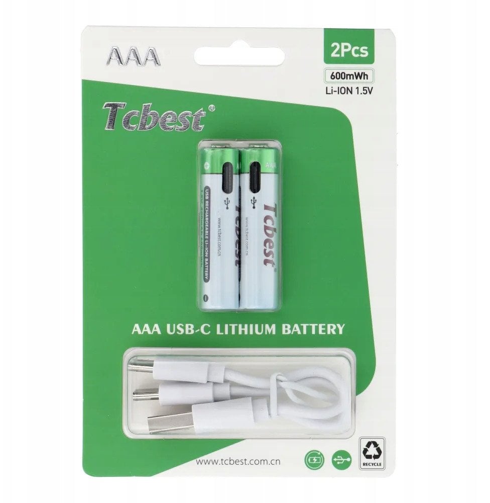 TCBEST bateria akumulatorowa R3 (AAA) 180 mAh z gniazdem Typ C + kabel USB A do 2 x Typ C 2 szt