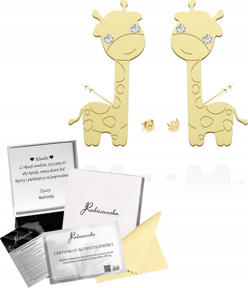 Radziszewska Jewellery Złote Kolczyki Żyrafy Sztyfty SREBRO 925 Prezent Biżuteria DEDYKACJA GRATIS