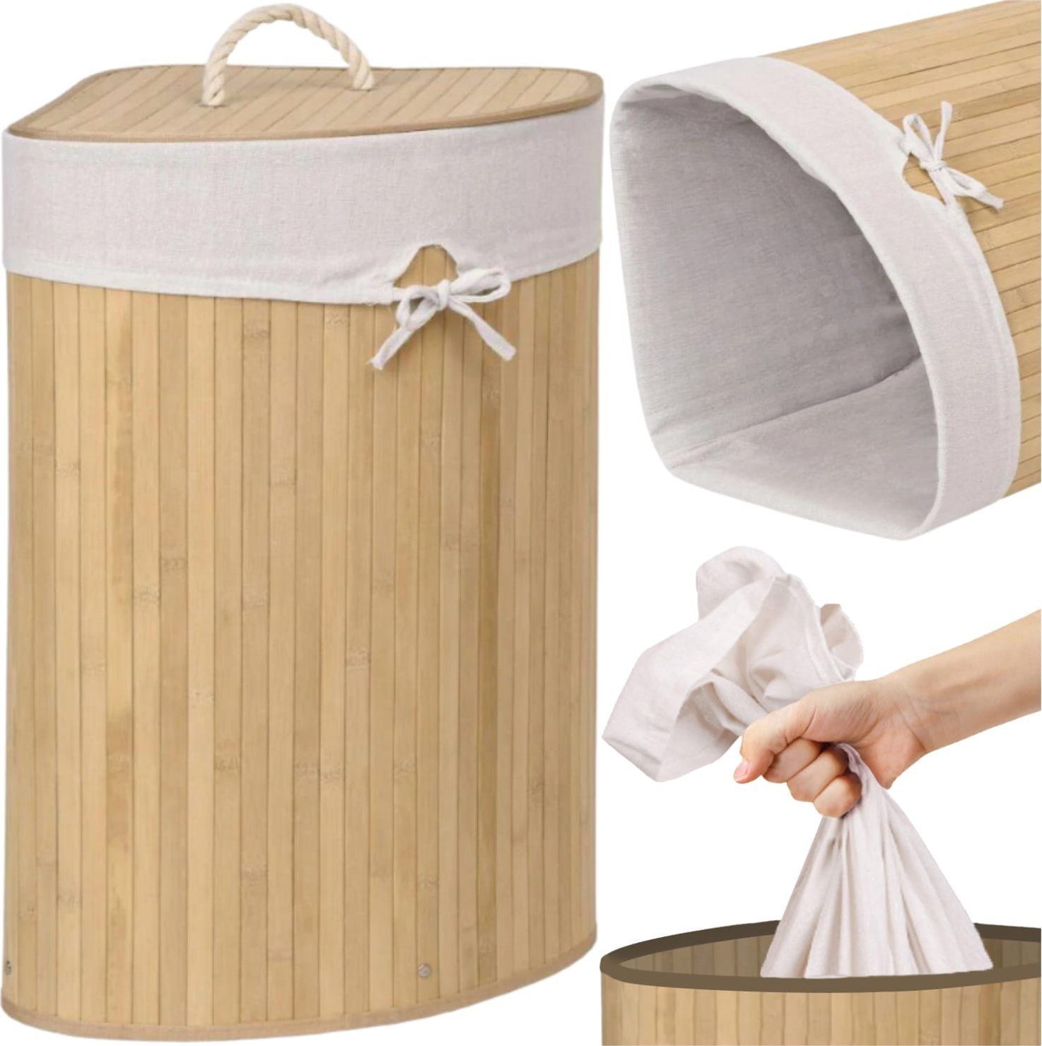 Kosz na pranie, na bieliznę bambusowy narożny 60l