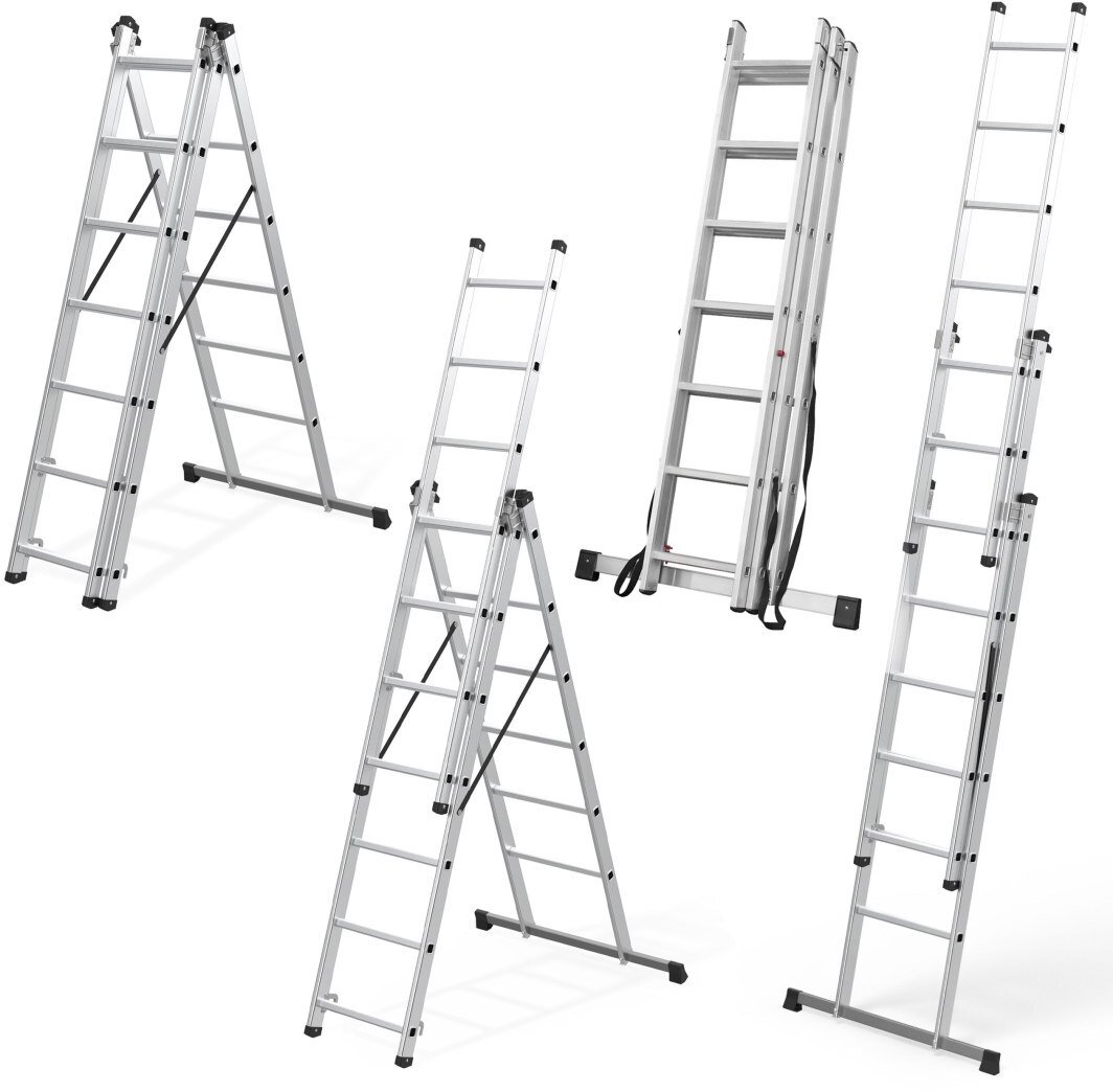 ModernHome Drabina aluminiowa wielofunkcyjna 3x7 składana z pasami zabezpieczającymi 150 kg