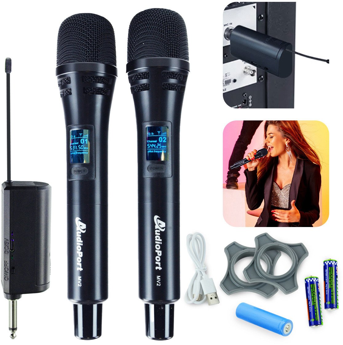 Zestaw 2 mikrofonów bezprzewodowych dorecznych UHF z odbiornikiem Audioport MV2 one size
