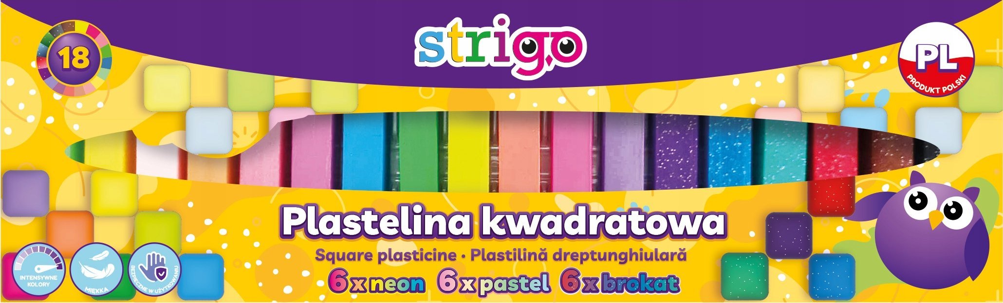 Strigo Plastelina kwadratowa STRIGO, 18 kolorów ( 6 neonowych, 6 pastelowych, 6 brokatowych)