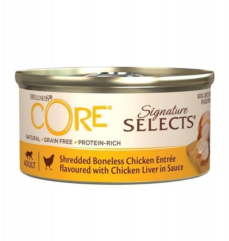 Whiskas Core Signature Selects Signature Selects Shredded Chicken, mokra karma, dla dorosłych kotów, kurczak z wątróbką w sosie, 79g, puszka