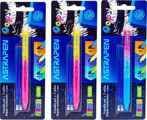 Długopis wymazywalny CLICK 0,5 mm ASTRAPEN Oops! NEON + 2 wkłady wymazywalne CLICK niebieskie blister 1+2 szt. Nnowość