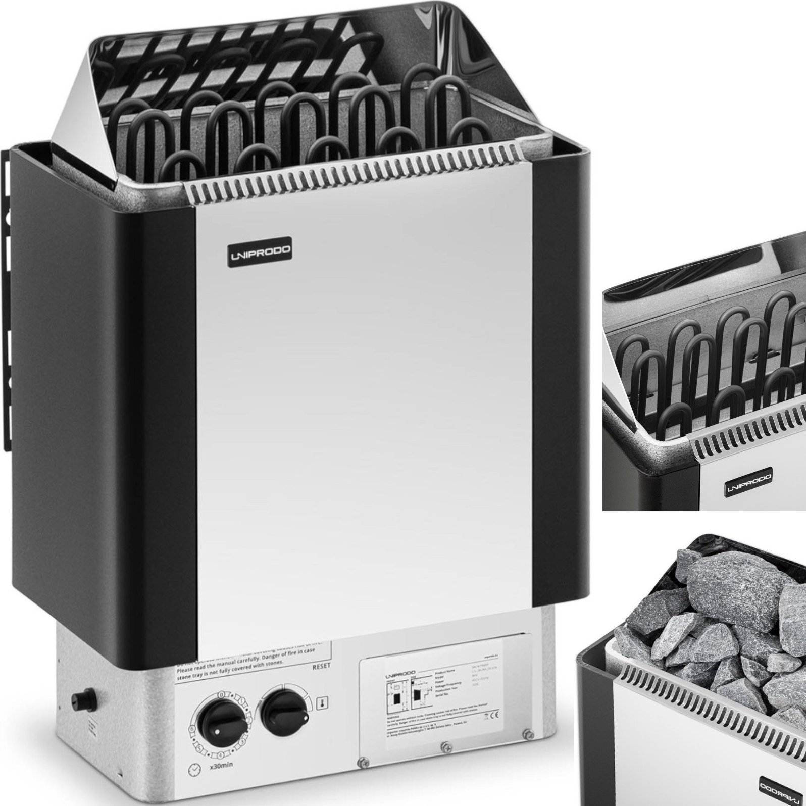 Uniprodo Piec do sauny elektryczny z wbudowanym sterowaniem 9-13 m3 do 110C 400 V 9 kW srebrno-czarny Piec do sauny elektryczny z wbudowanym sterowani