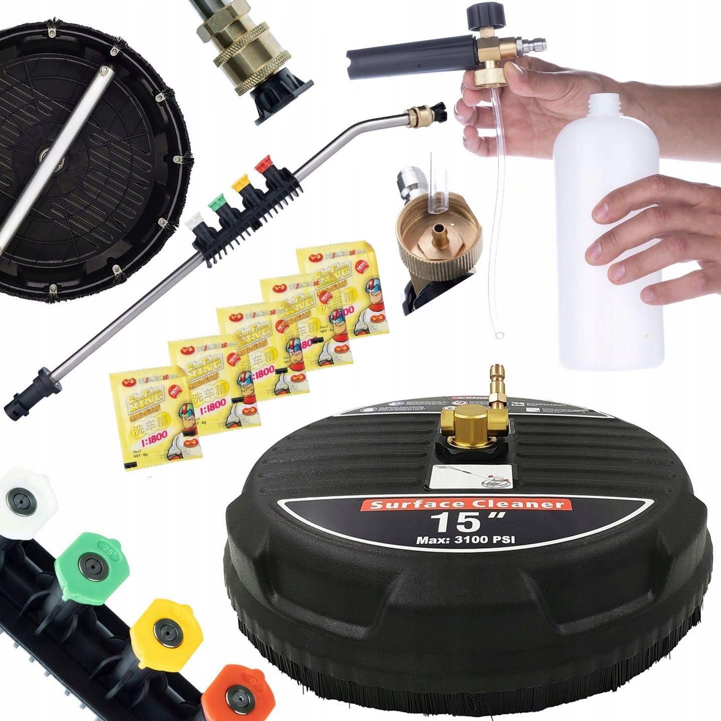 Rosfix Rosfix szczotka do kostki T-Racer 1+ Lanca do myjki ciśnieniowej 1/4" zagięta 15+5 dysz oraz uchwytem+Pianownica 1000+5xProszek pianotwórczy do