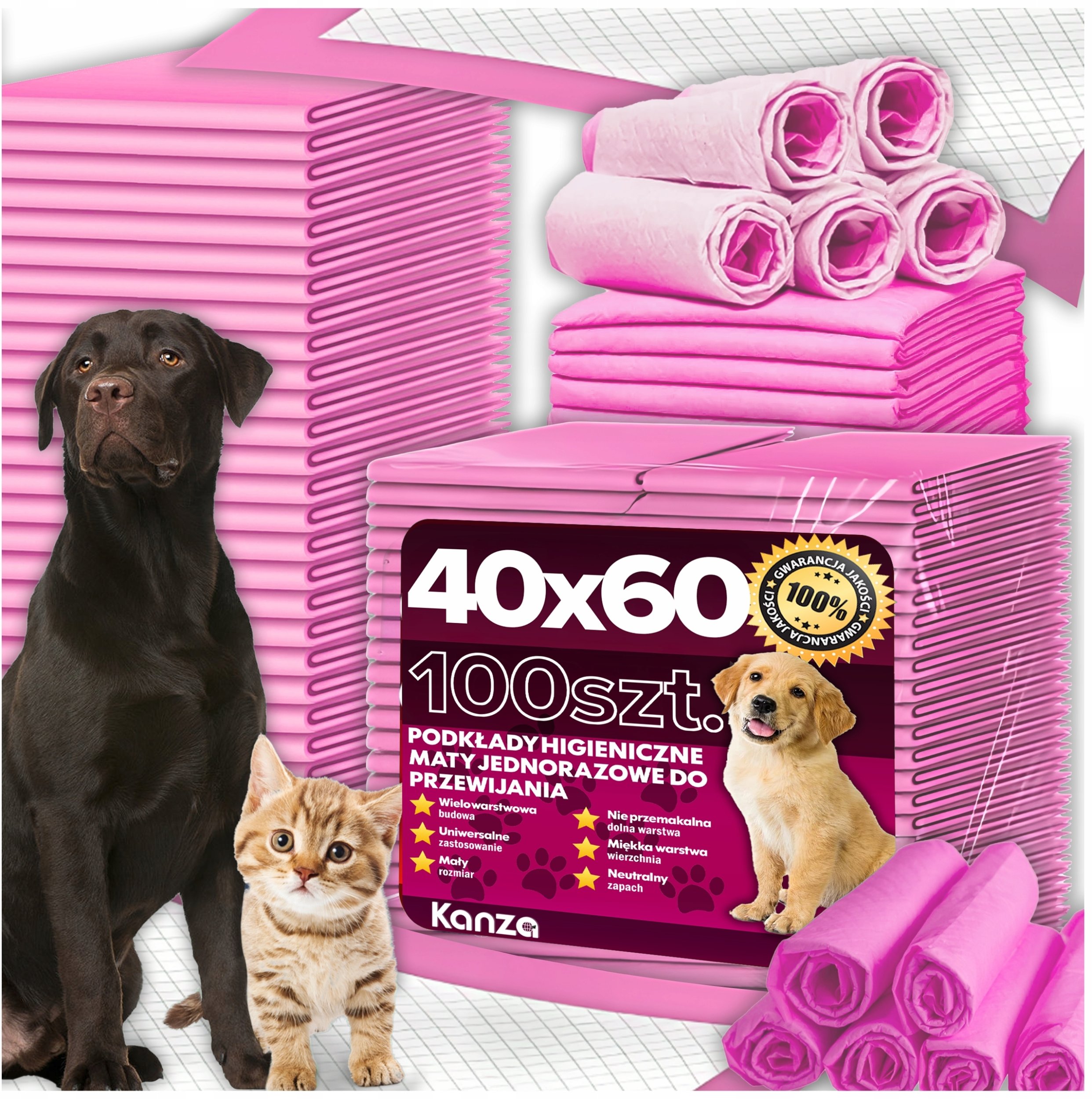 PODKŁADY DLA PSA RÓŻOWE 40X60 100szt KANZA
