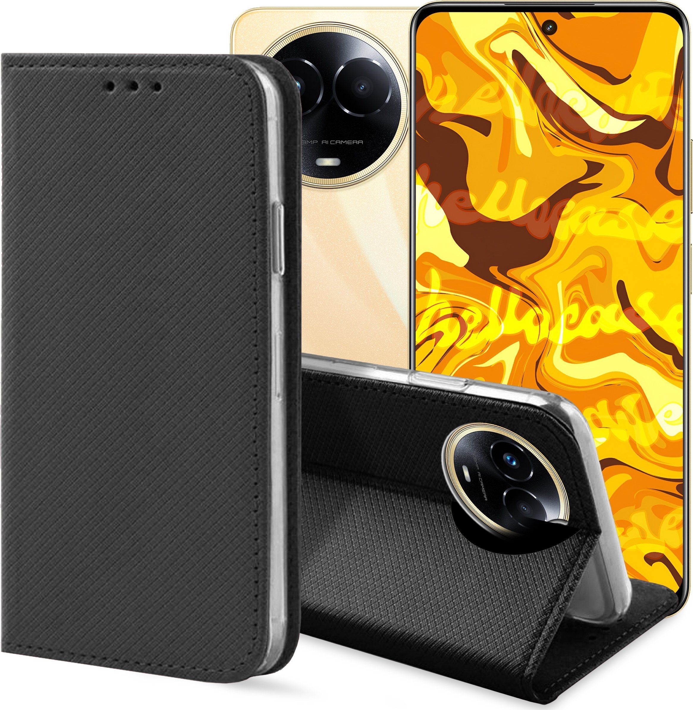 Hello Case ETUI Z KLAPKĄ DO REALME 11 5G CZARNE ZAMYKANE MAGNETYCZNE KABURA FUTERAŁ