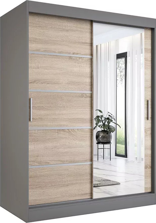 Elior Szafa przesuwna 150 cm antracyt + dąb sonoma - Lorenza 4X