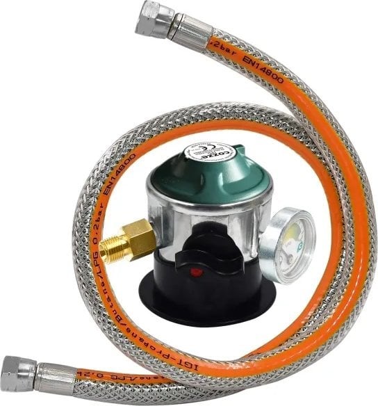 Jata Regulator m/manometer 30 BAR DK-NO-FI 1.1M Stål flex slange, Sikkerhedsmanometer for "leak" test . Nem 1/4" gevind montering.