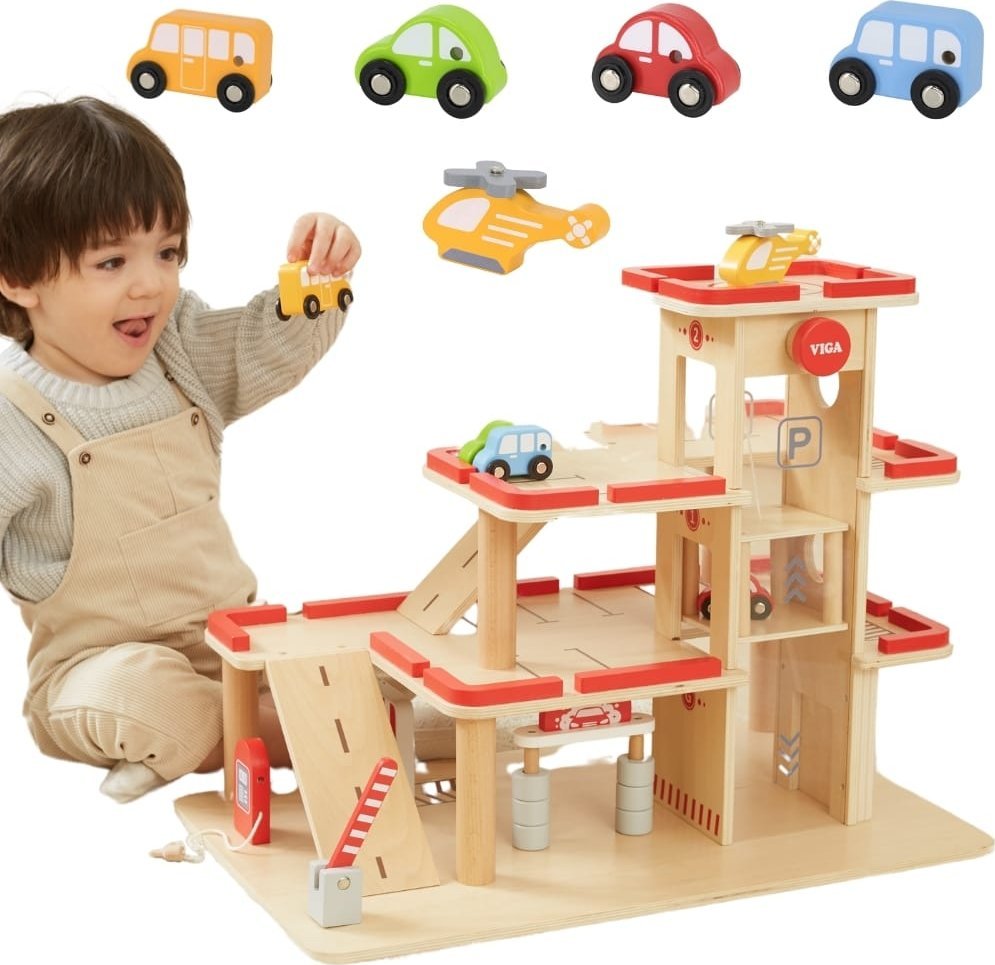 VIGA Drewniany Parking dla Samochodzików z Windą 4 Autka Helikopter