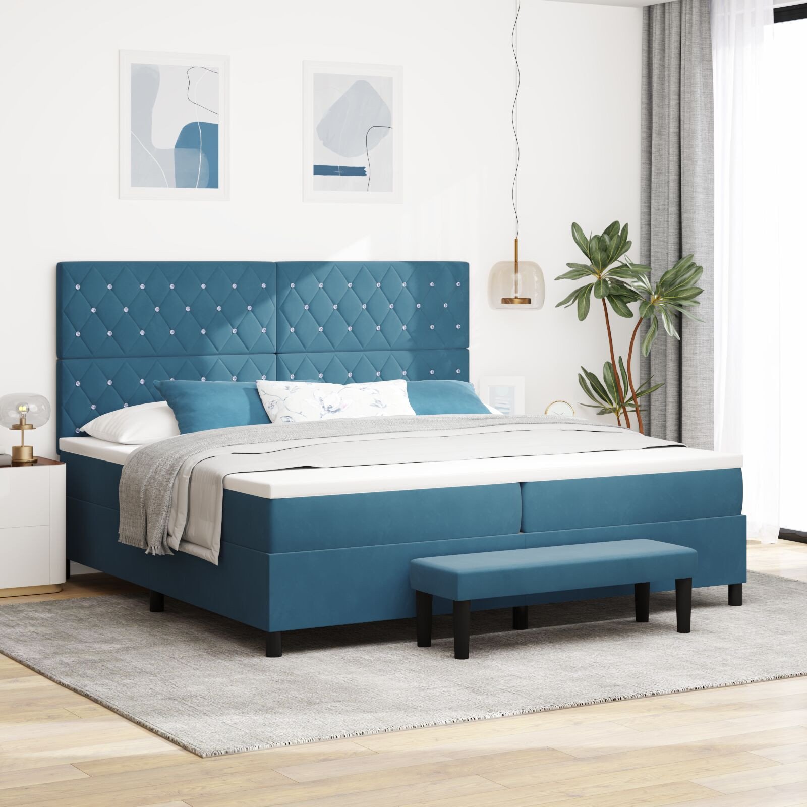 vidaXL Łóżko Box Spring z Materacem i Ławką Ciemnoniebieskie 200x200 cm Aksamit