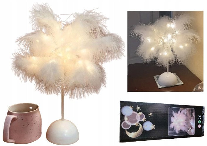 Lampka Nocna LED Dekoracyjna Ozdobna Na Biurko Piórka Na Baterie 40cm