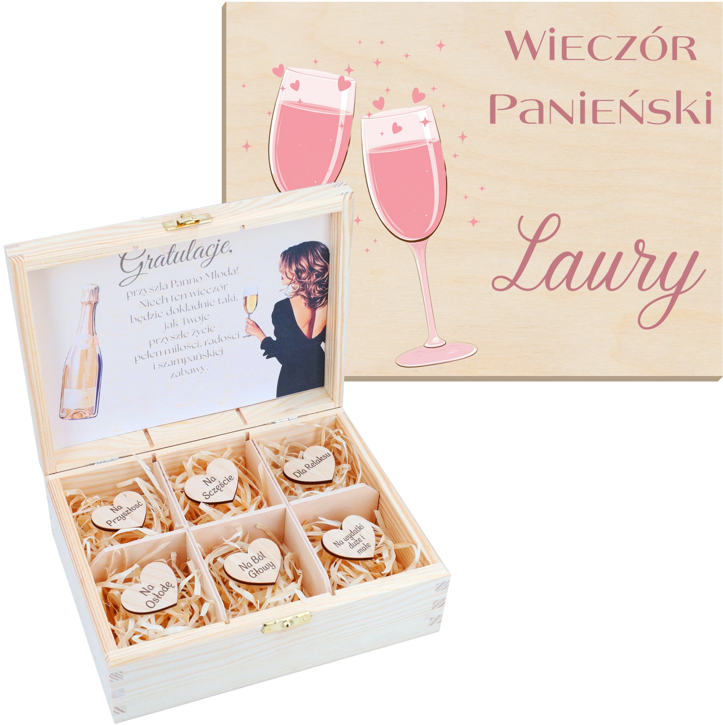 Pudełko z PERSONALIZACJĄ Wieczór Panieński Kieliszki Róż