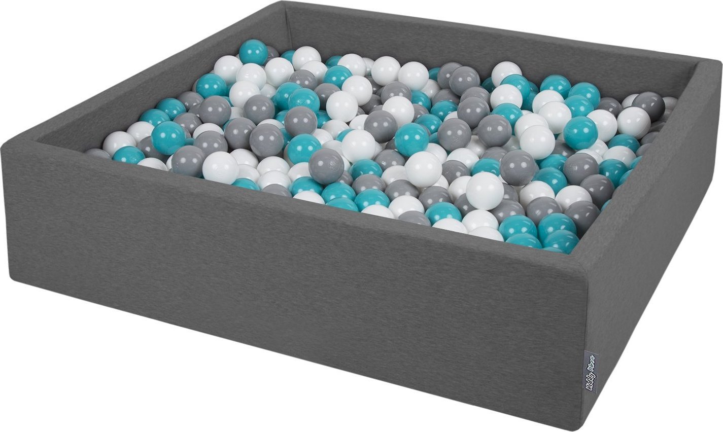 KiddyMoon Suchy basen kwadratowy z piłeczkami 7cm 120x30 ciemnoszary: szary-biały-turkus 120x30/600piłek Zabawka basen piankowy
