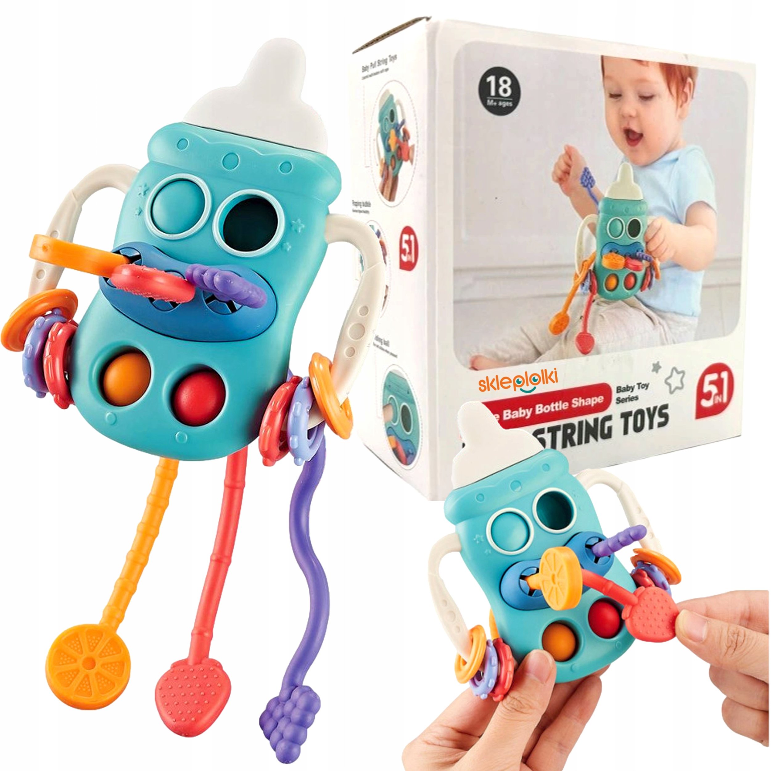 ZABAWKA GRYZAK SENSORYCZNA GRZECHOTKA BUTELKA MONTESORI DLA NIEMOWLĄT 5w1