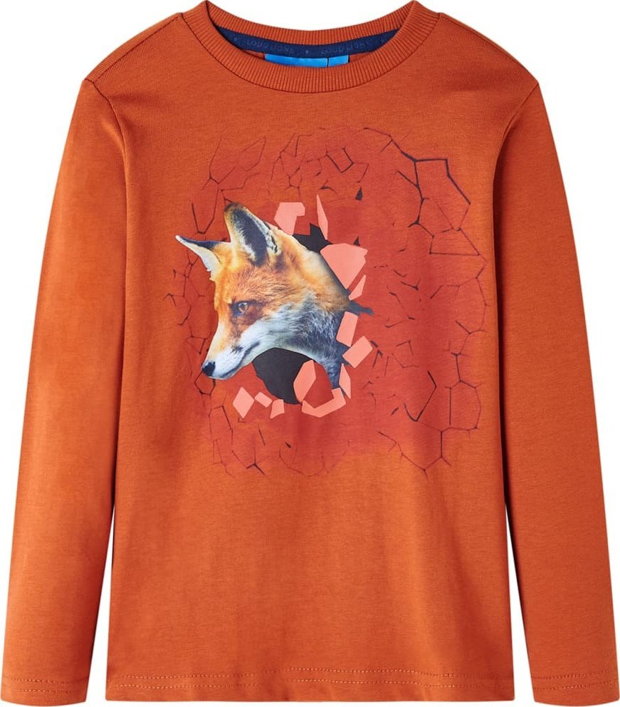 vidaXL Koszulka dziecięca z długimi rękawami, z lisem, jasnordzawa, 128