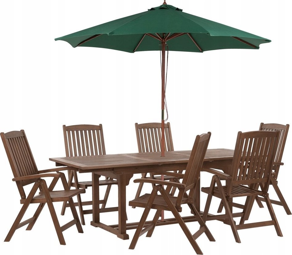 Beliani Zestaw ogrodowy drewno akacjowe stół i 6 krzeseł z parasolem zielonym AMANTEA