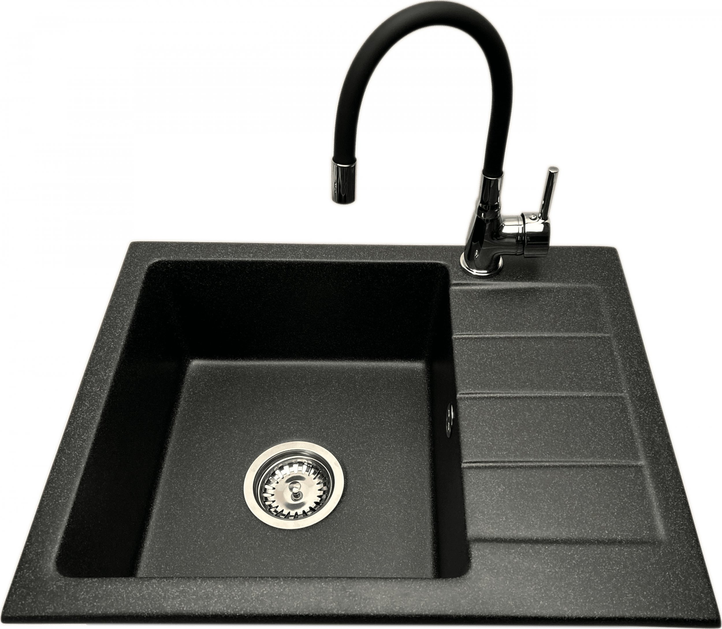 Zlewozmywak PREHNIT Zlewozmywak jednokomorowy z ociekaczem ADAL grafit z prawym ociekaczem + bateria flex LAVO