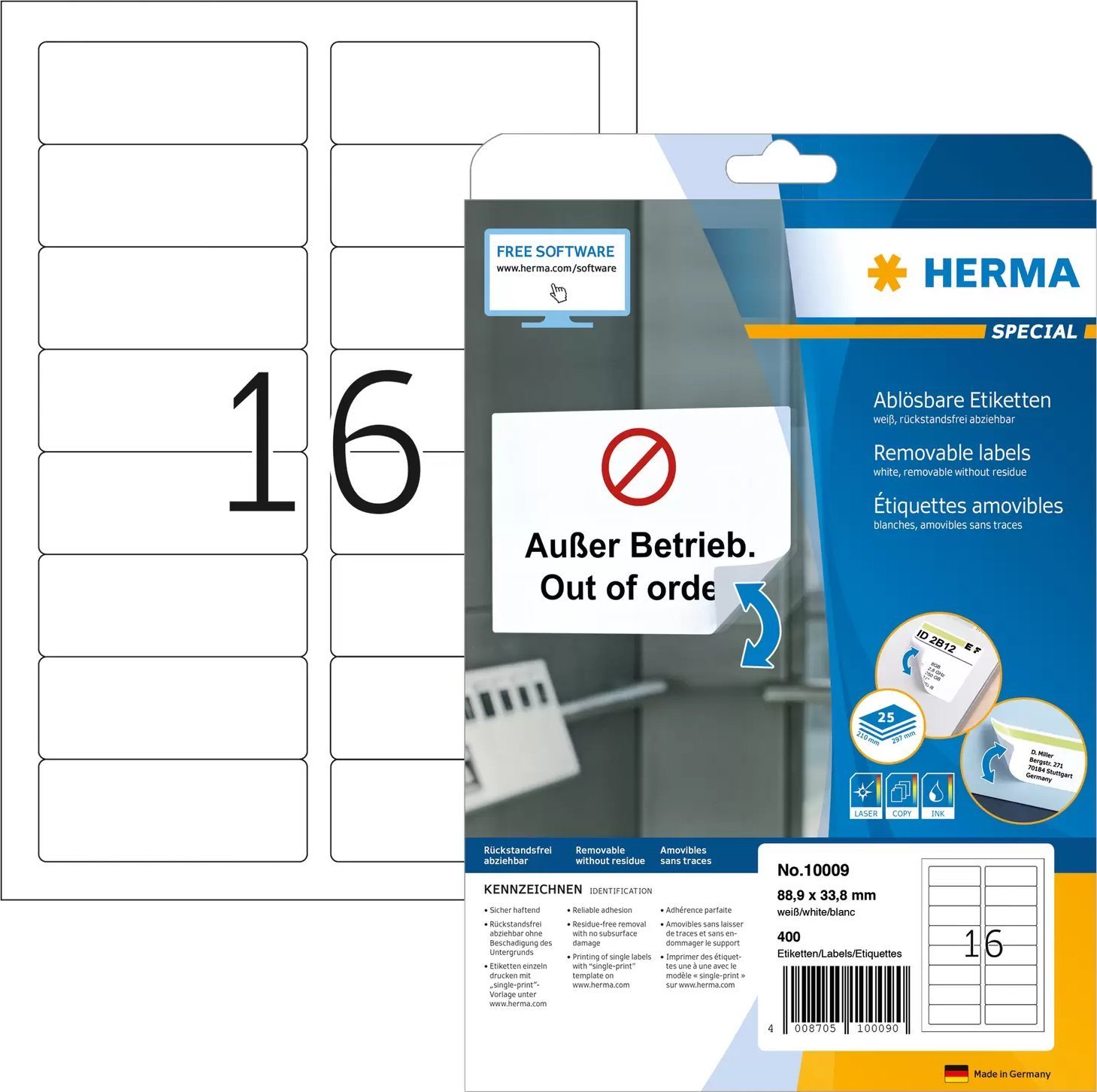 Herma HERMA Etiketten A4 weiß 88,9x33,8 mm ablösbar Papier 400 St.