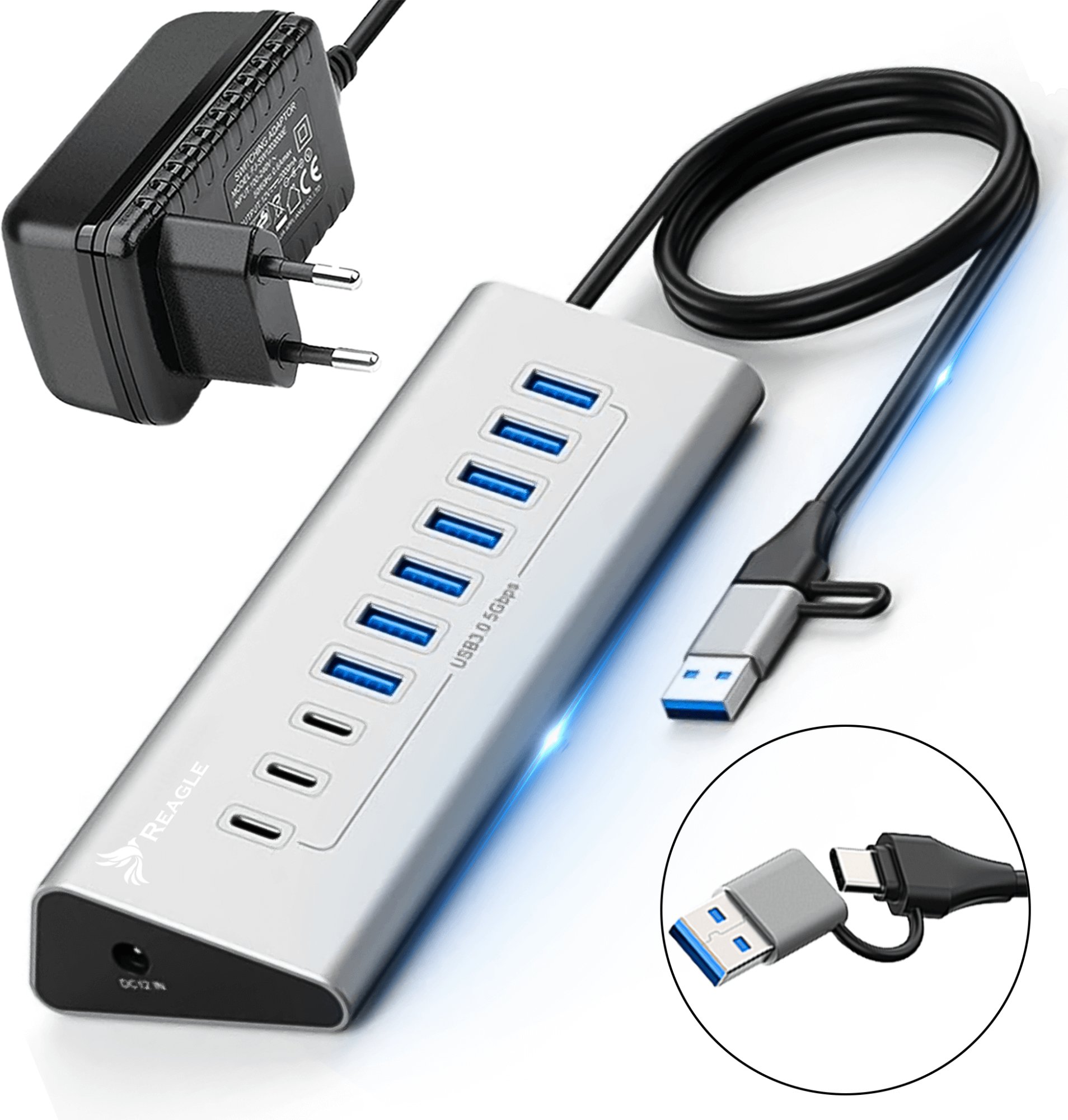 HUB USB AKTYWNY Z ZASILACZEM 36W 10 PORTÓW USB 3.2 ROZDZIELACZ ROZGAŁĘŹNIK REAGLE