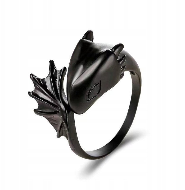 PIERŚCIEŃ Obrączka SYGNET SMOK REGULOWANY Vintage CZARNY SKRZYDŁA Unisex