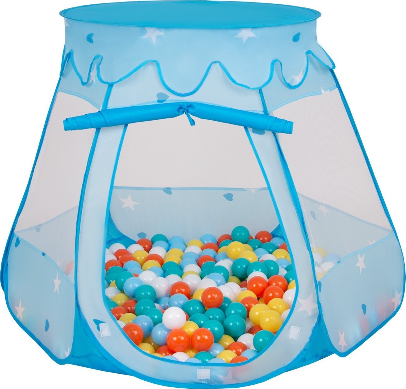 Selonis Selonis Namiot zamek NZ-100X z piłeczkami 6cm niebieski: biały-żółty-pomarańcz-babyblue-turkus 105x90cm/300piłek Zabawka namiot dla dzieci