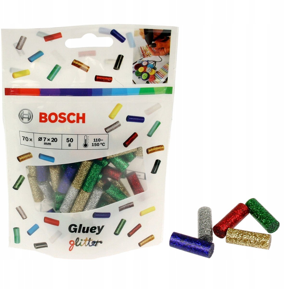 Hot glue sticks, glitter effect 70pcs. Bosch Gluey blue-green-red-silver-gold