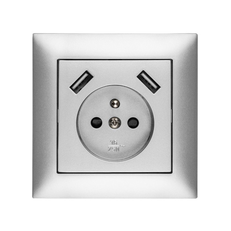 Elektro-Plast Sentia Gniazdo pojedyncze z/u 16A z USB 2x2,1A 5VDC z przesłonami i ramką srebrne GPT 2P+Z 2xUSB (1488-06)