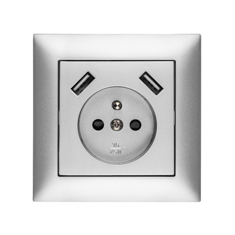Elektro-Plast Sentia Gniazdo pojedyncze z/u 16A z USB 2x2,1A 5VDC z przesłonami i ramką srebrne GPT 2P+Z 2xUSB (1488-06)
