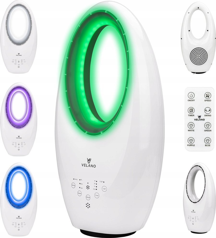 WENTYLATOR BEZŁOPATKOWY PODŁOGOWY OSCYLACJA TIMER PODŚWIETLENIE LED PILOT