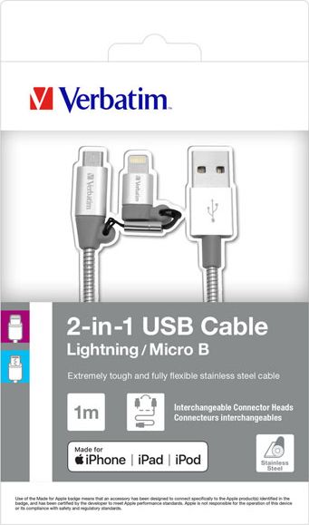 Kabel USB Verbatim USB-A - microUSB + Lightning 1 m Szary (48869)