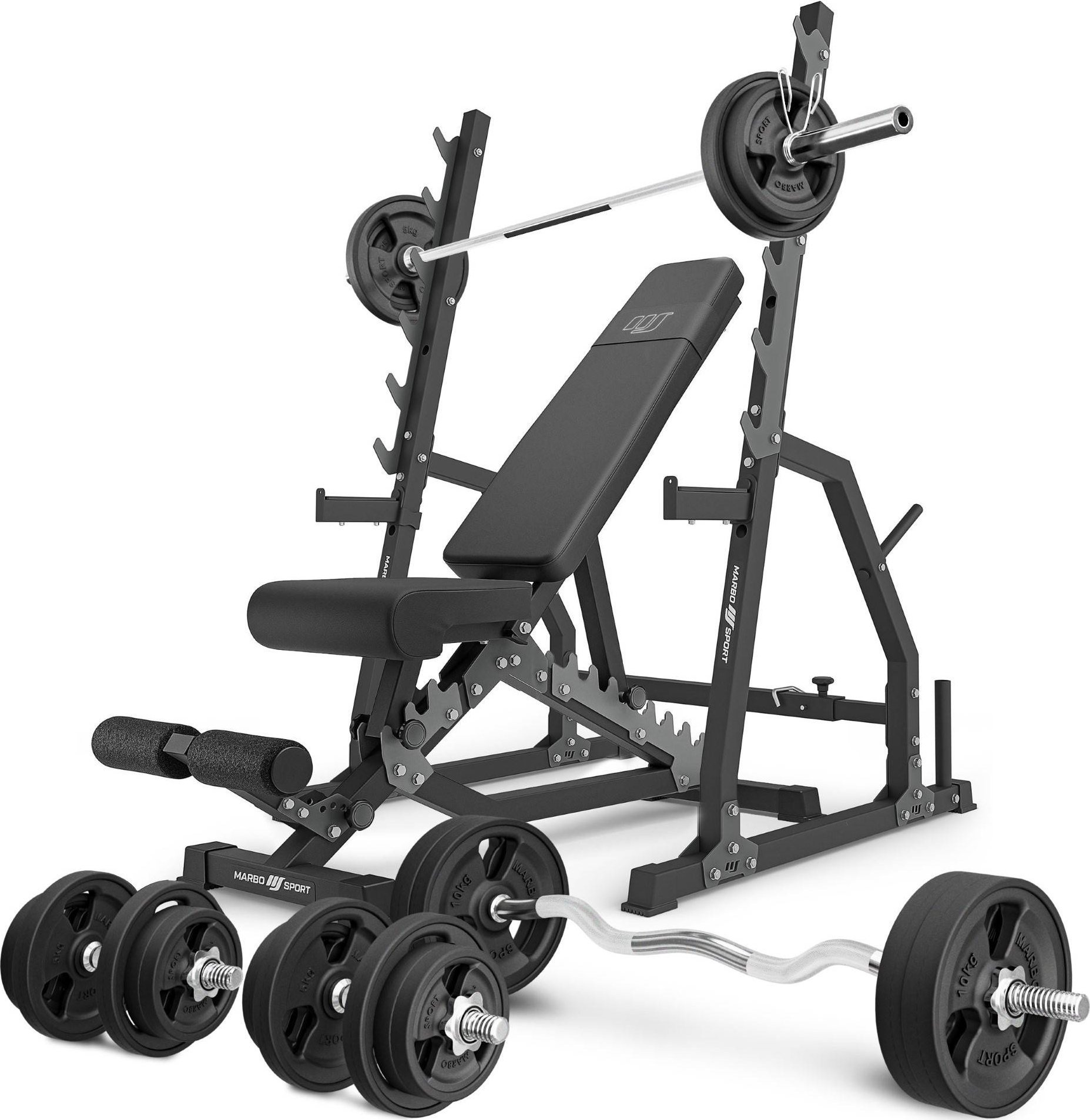 Zestaw MS3_2.0_113KG_G | Ławka dwustronna + stojaki bramowe z asekuracją + zestaw gryfów i obciążeń gumowanych 113 kg - Marbo Sport
